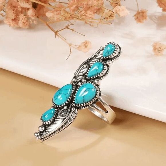 Silver Turquoise Water Drop Leaf Boho Western Statement Ring - Picture 4 of 5